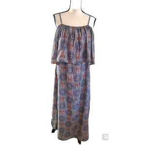 World Market 100% Cotton Gray Mandala Print Sleeveless Ruffled Maxi Dress Sz XL